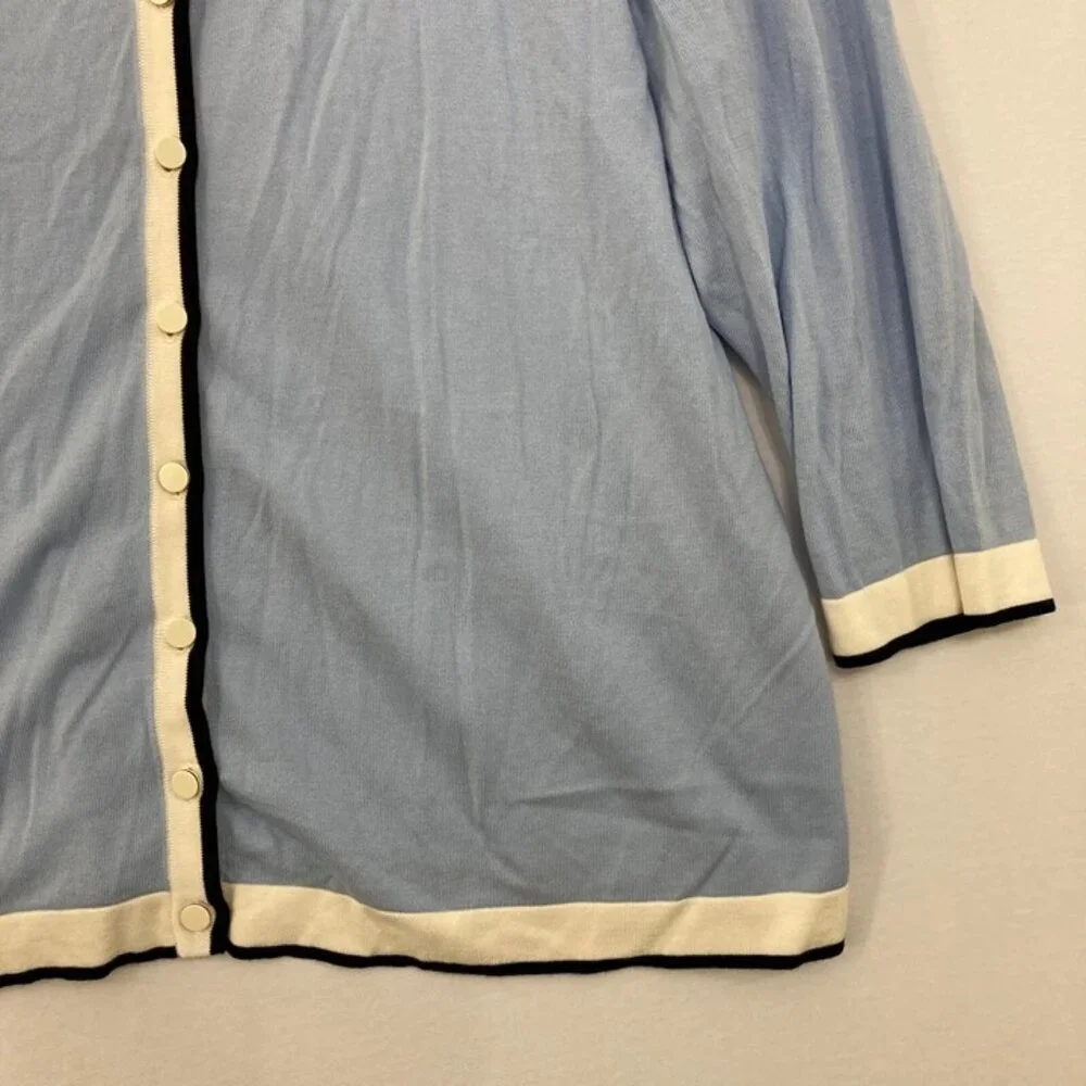 Talbots size‎ 2X Blue White Preppy 3/4 Sleeve Light Stretch Knit Button Cardigan